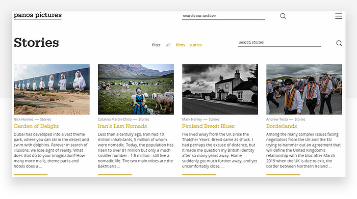 Panos Pictures - new stories page - website redesign - Justinmind