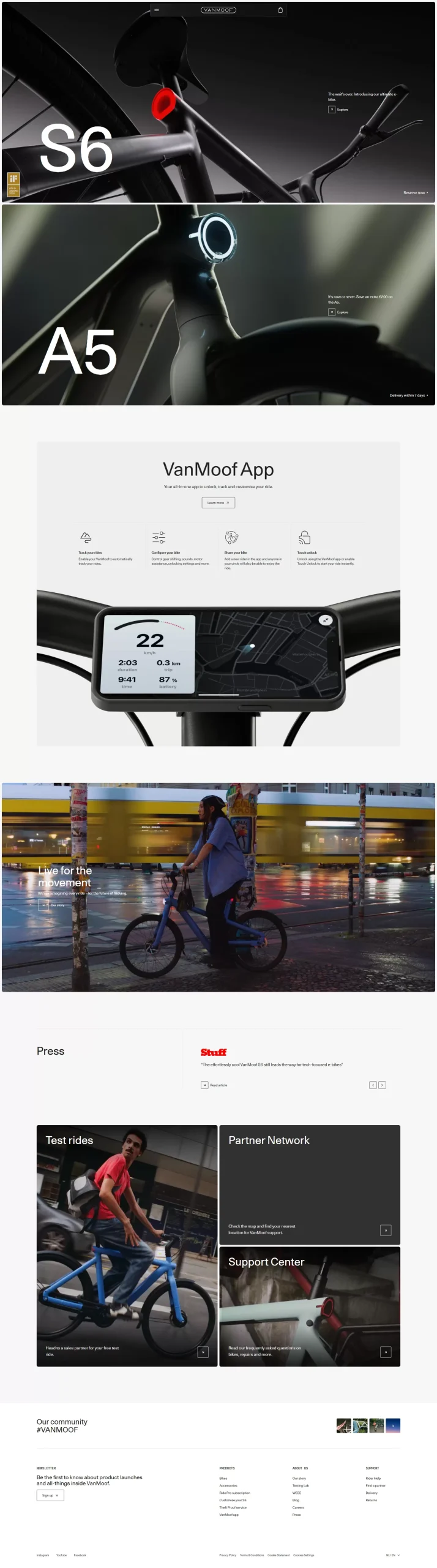 VanMoof 電動自行車品牌網站設計案例截圖，呈現科技感產品展示與城市移動品牌形象