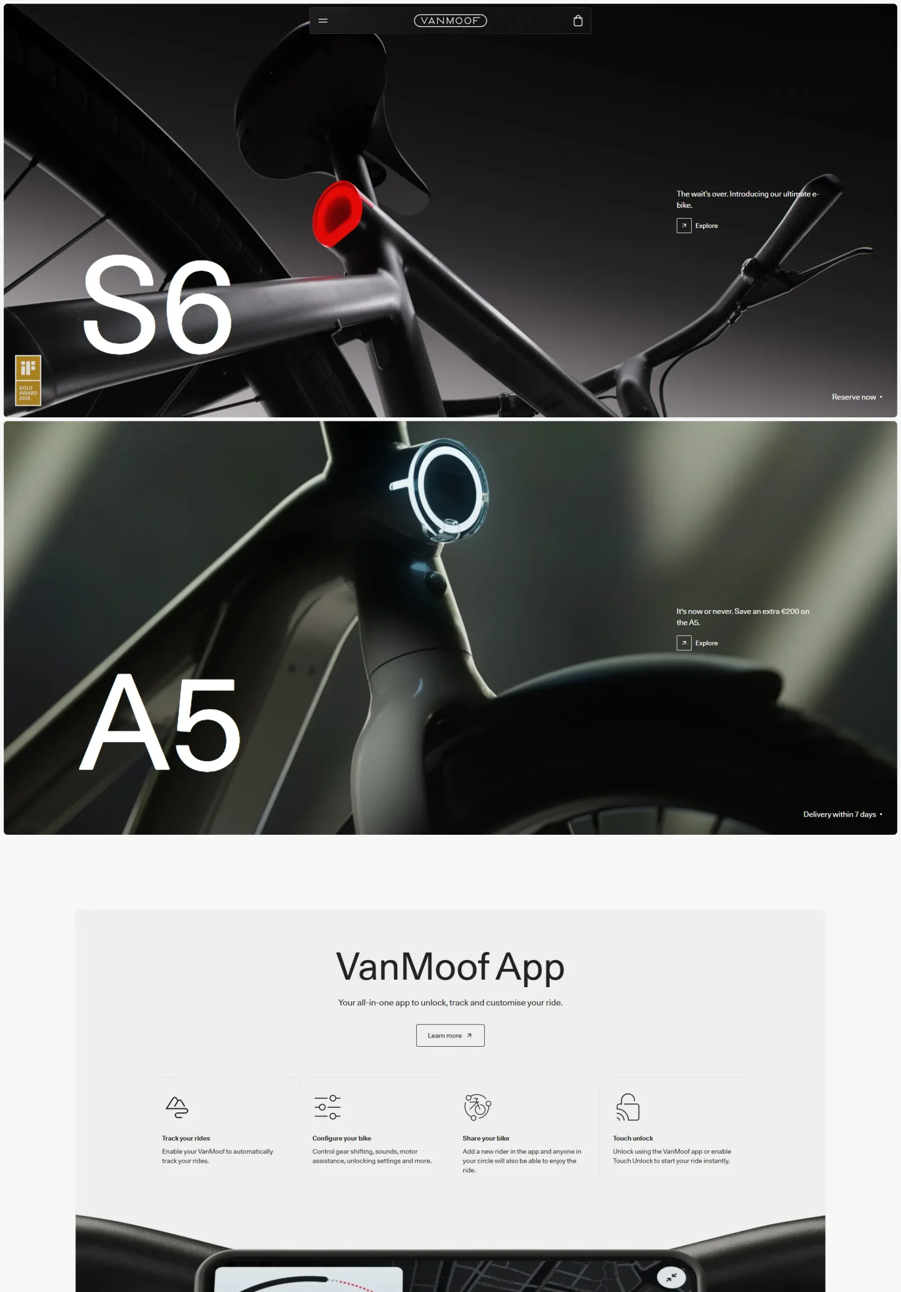 VanMoof 電動自行車品牌網站設計案例截圖，呈現科技感產品展示與城市移動品牌形象