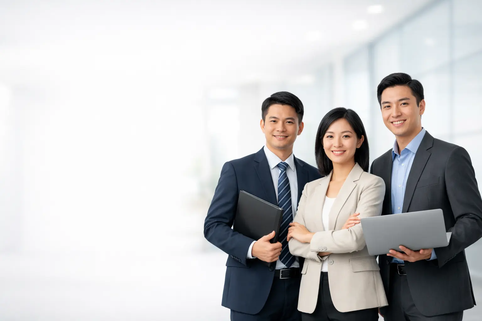 文章主視覺:企業網站首頁介面示意,左側展示品牌標語與解決方案文字,右側為專業服務團隊合照,整體光線明亮且簡潔專業