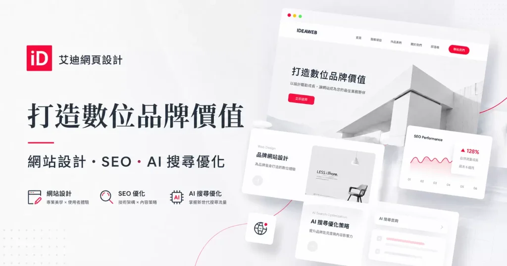 艾迪網頁設計品牌形象社群分享圖，展示網站設計、SEO 與 AI 搜尋優化服務