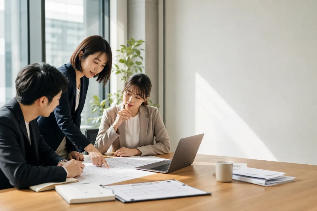 企業團隊在辦公室討論網站維護分工