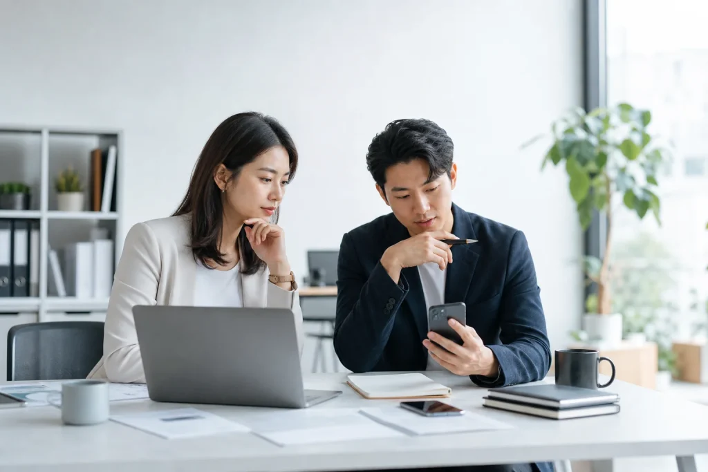 兩位亞洲企業人士在辦公室桌前整理客戶訊息。