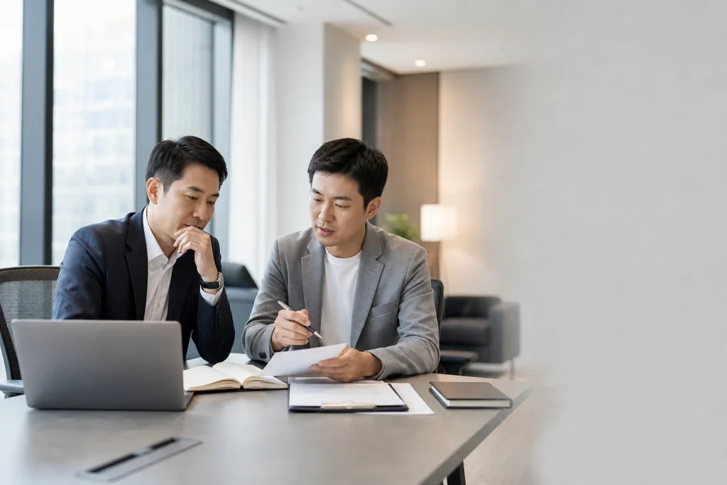 辦公室裡兩人討論客戶名單與跟進安排