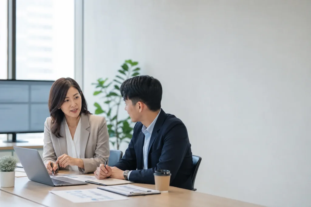 兩位亞洲企業工作者在辦公室討論客戶跟進流程