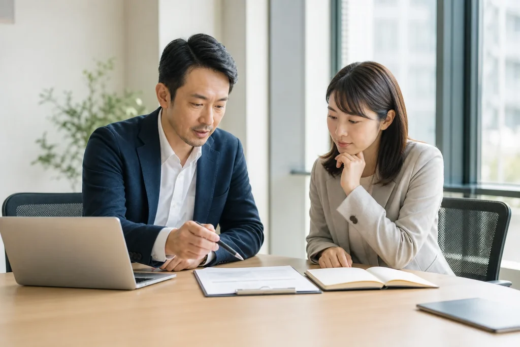 兩位亞洲同事在辦公室討論客戶需求