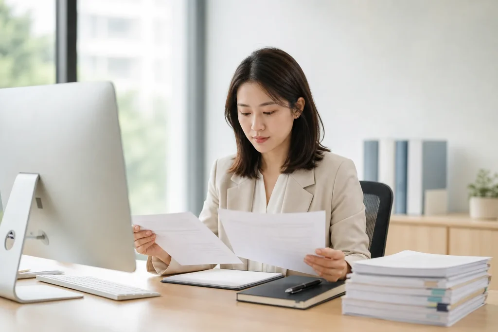 亞洲女性在辦公桌前比對公司名稱與品牌名稱