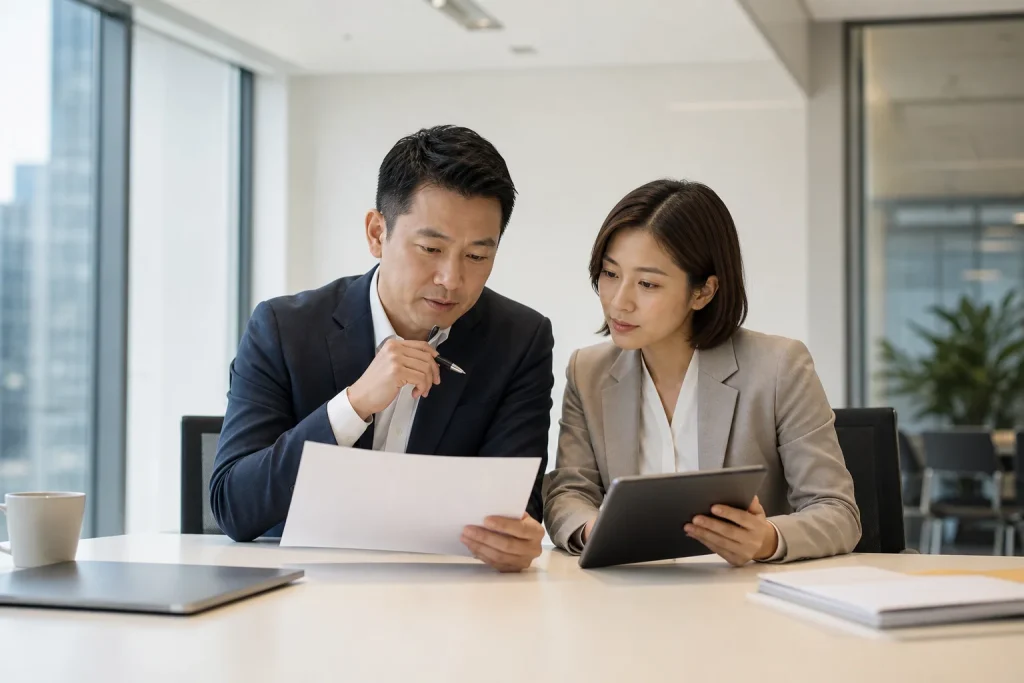 亞洲主管與顧問討論月報與投入成本
