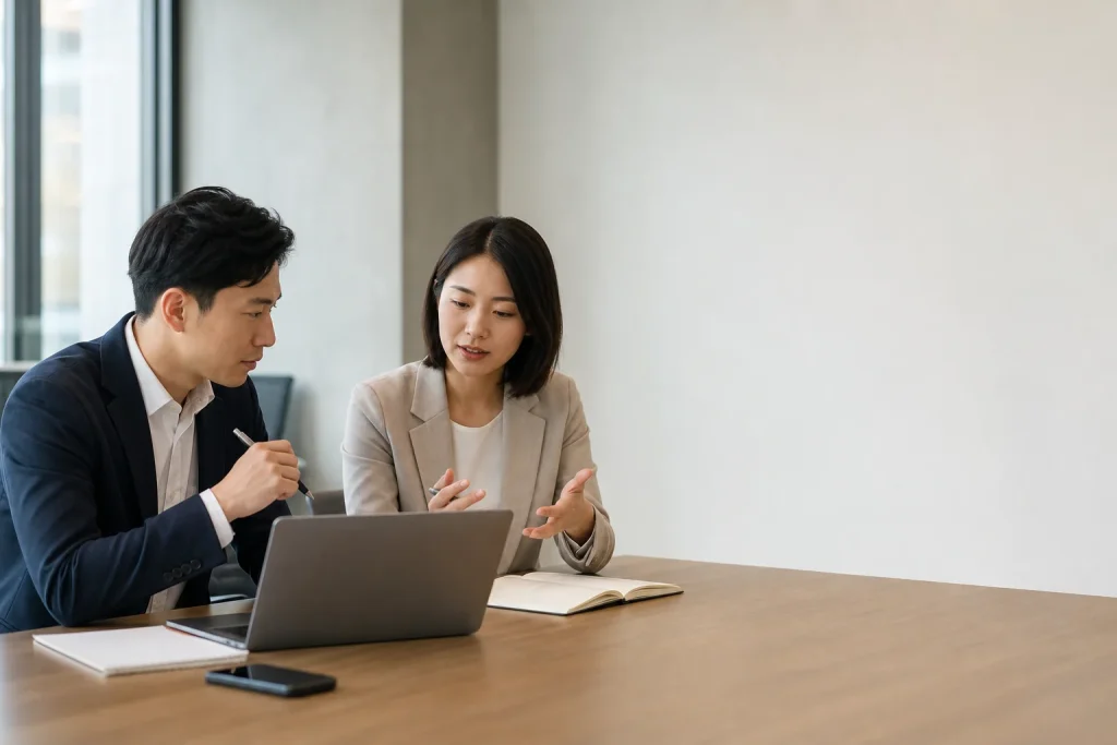 亞洲業務與行銷主管在辦公室討論客戶跟進流程